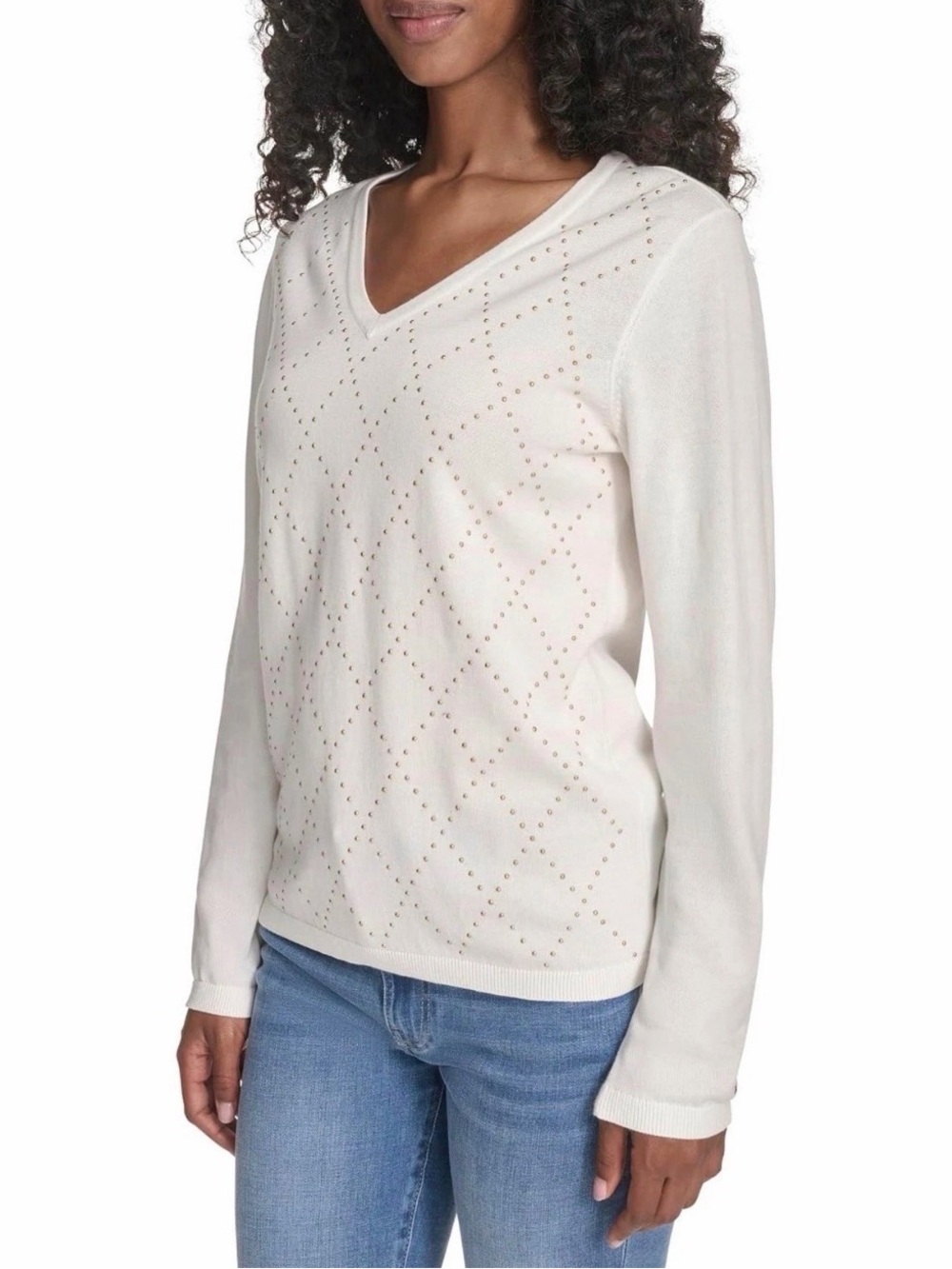 Tommy Hilfiger Women’s V-Neck Studded Argyle Cotton Knit Sweater Ivory Size XXL